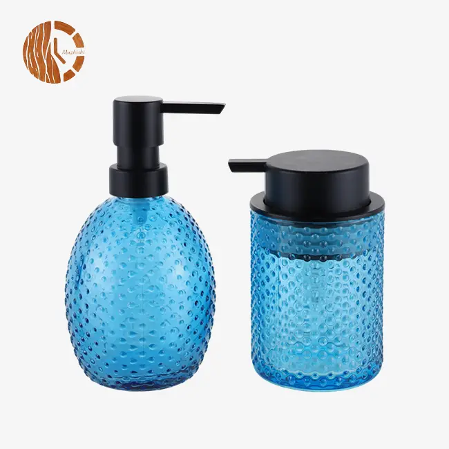 Blue Hammered Dot Glass 2-Piece Soap Dispenser Bathroom Set Blue Hammered Dot Glass 2-Piece Soap Dispenser Bathroom Set