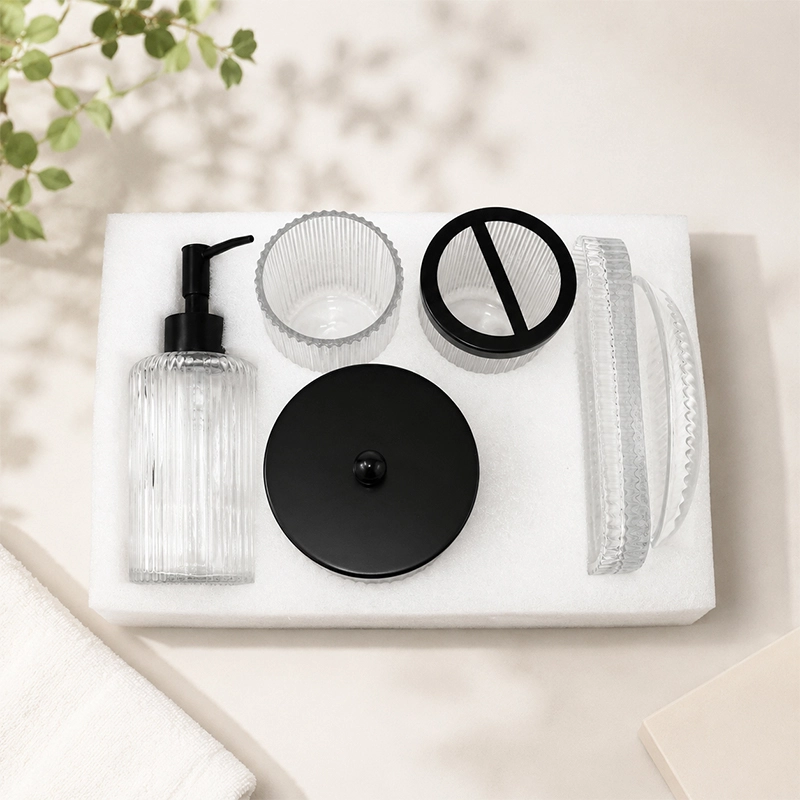 ribbed glass bathroom accessories set