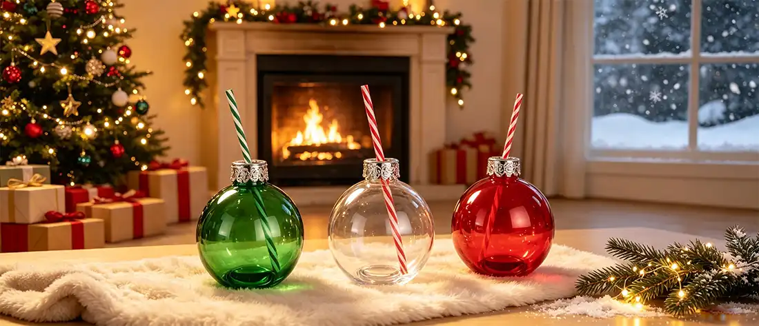 Christmas Ball Glass Drink Bottle With Straw Christmas Ball Glass Drink Bottle With Straw