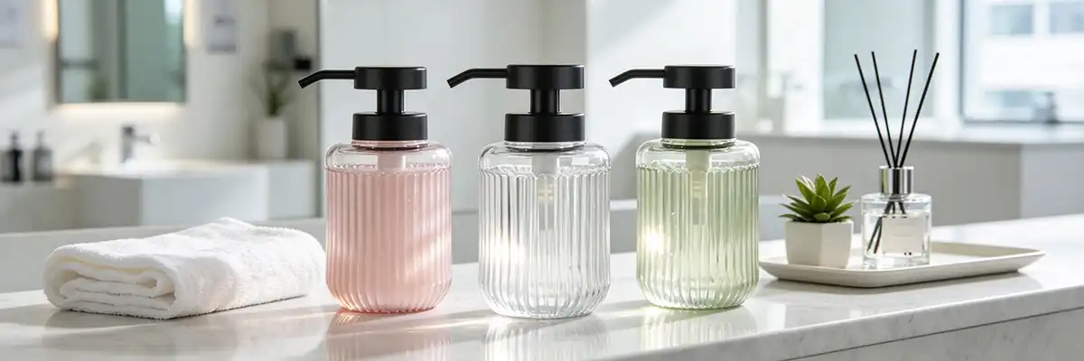 Vertical Ribbed Glass Dispenser Bottle With Black Pump