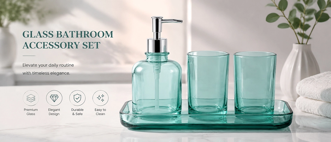 Smooth Teal Glass Bath Accessories 4-Piece Set Smooth Teal Glass Bath Accessories 4-Piece Set