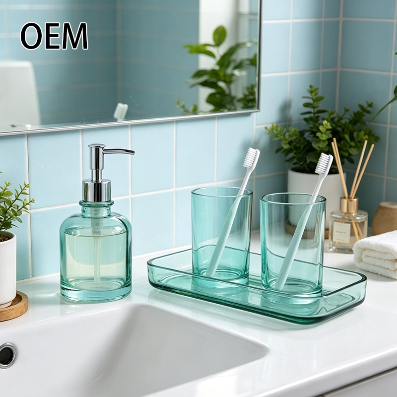 Smooth Teal Glass Bath Accessories 4-Piece Set Smooth Teal Glass Bath Accessories 4-Piece Set