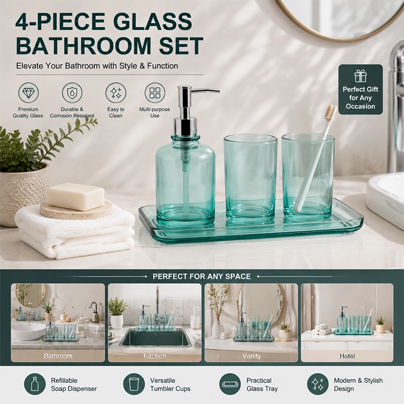 Smooth Teal Glass Bath Accessories 4-Piece Set