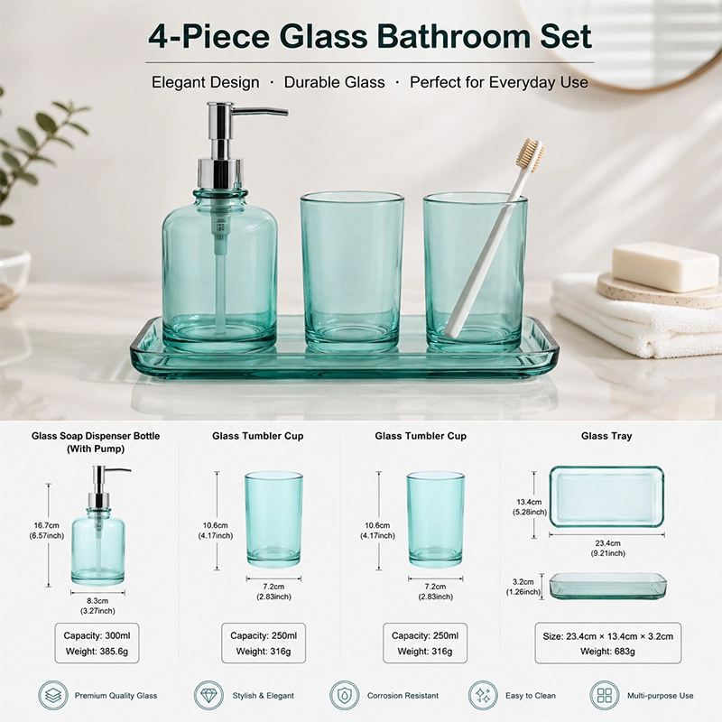 Smooth Teal Glass Bath Accessories 4-Piece Set Smooth Teal Glass Bath Accessories 4-Piece Set