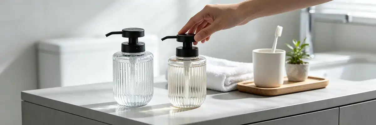 Vertical Ribbed Glass Dispenser Bottle With Black Pump
