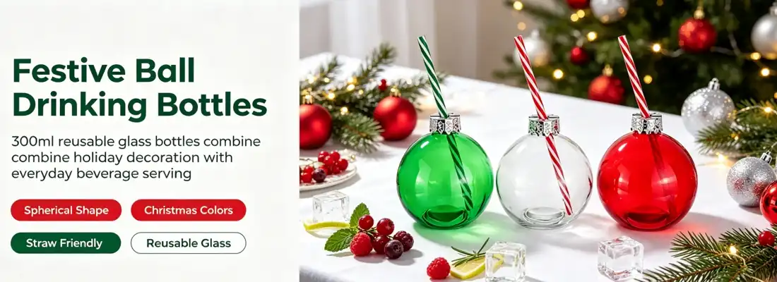 Christmas Ball Glass Drink Bottle With Straw