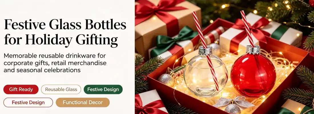 Christmas Ball Glass Drink Bottle With Straw
