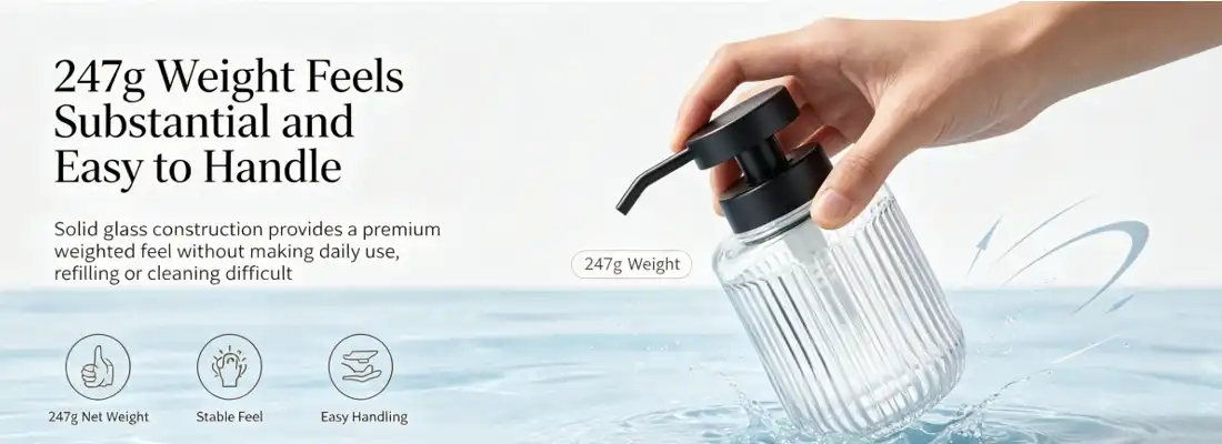 Vertical Ribbed Glass Dispenser Bottle With Black Pump
