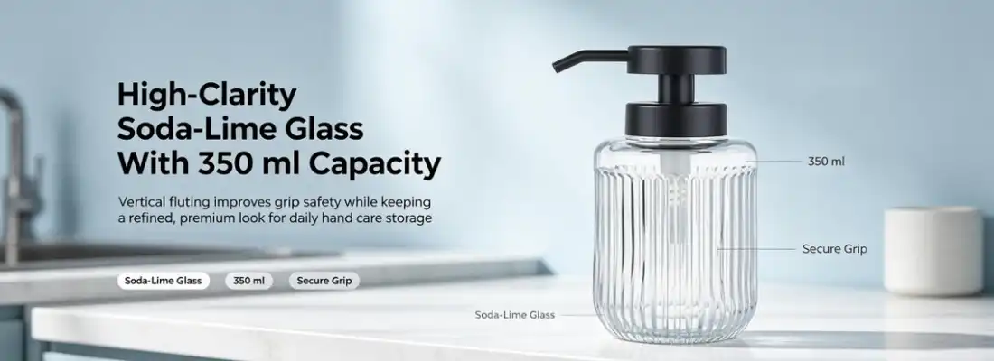 Vertical Ribbed Glass Dispenser Bottle With Black Pump