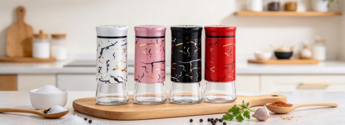 Multi-Color Glass Spice Shaker with Marble Print Lid