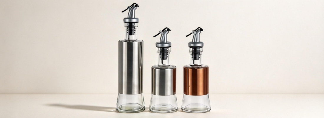 Glass Oil Dispenser Bottle with Stainless Steel Sleeve & Pour Spout