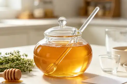 What styles of glass honey jars with glass stirring sticks are popular for kitchen decor?